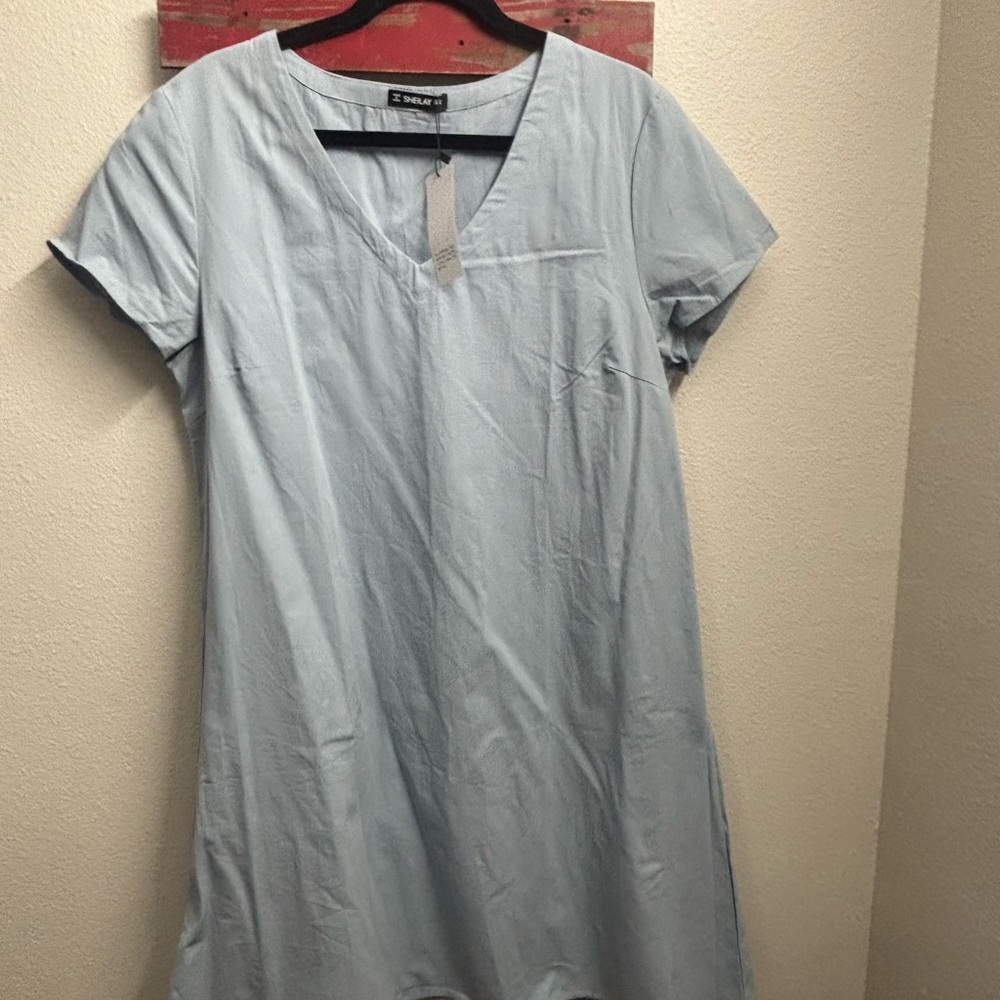 Blue Asymmetrical Short Sleeve‎ Tunic Dress